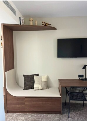 Desk, laptop workspace, blackout curtains, soundproofing