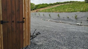 A wooden shed with metal hinges and a gravel driveway leading to a garden with young plants. - Llandovery - Cabin - Sleeps 2 - Parking - Garden (Llandovery)