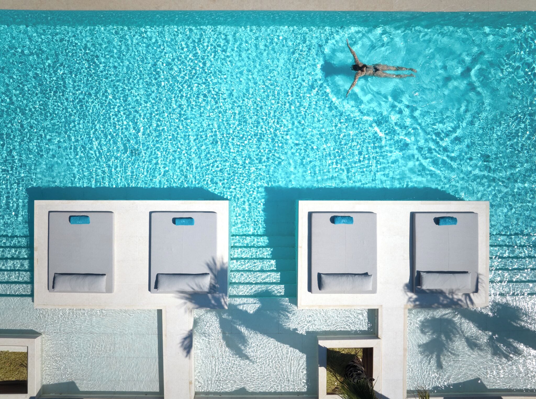 Vista aérea de una piscina con agua cristalina, rodeada de sillones blancos y palmeras.