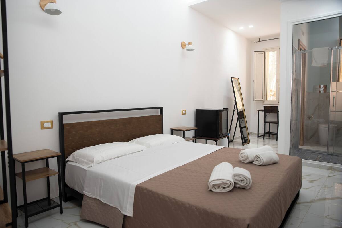 A hotel room with a large bed, a TV, a mirror, and a shower area.