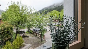 Blick aus dem Fenster auf einen Garten mit verschiedenen Bäumen und einem Blumentopf.