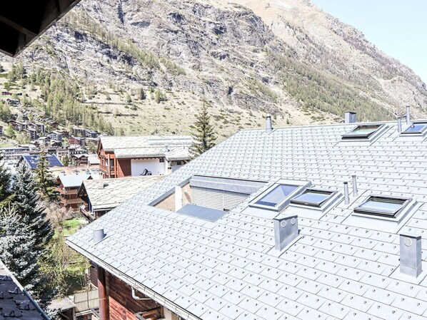 A mountain village with traditional wooden houses and modern buildings with skylights.