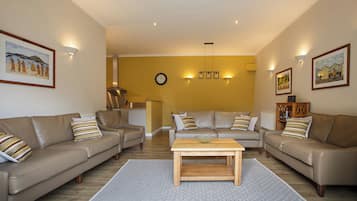 Smart-tv, dvd-afspiller, bordtennisbord, bøger