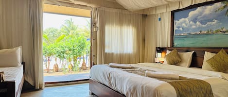 Luxury Tent, Balcony, Pool View | 1 bedroom, bed sheets
