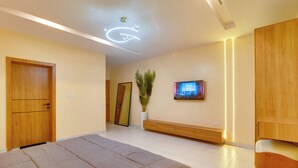 A modern bedroom with a bed, a TV, a wooden wardrobe, and a plant. - 1-Bedroom Apartment in Lekki off Admiralty (Lekki Phase 1)