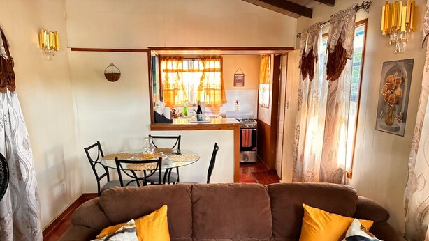 Een gezellige woonkamer met een bruine bank, twee decoratieve kussens, en een zithoek met een kleine tafel en stoelen.