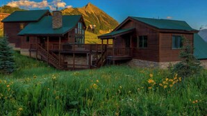 Een houten chalet met een groen dak, een overdekte veranda en een trap naar de ingang.