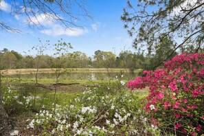 Surrounded by lush vegetation and a serene lake, this peaceful setting offers a tranquil escape.