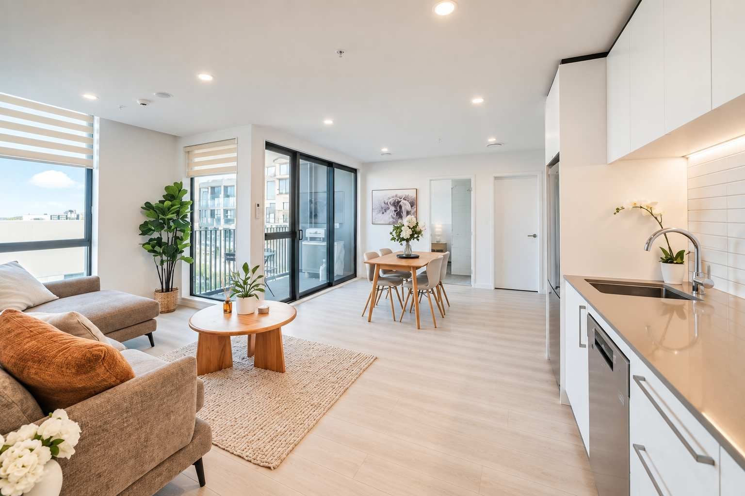 Een modern appartement met een woonkamer, eethoek en keuken.