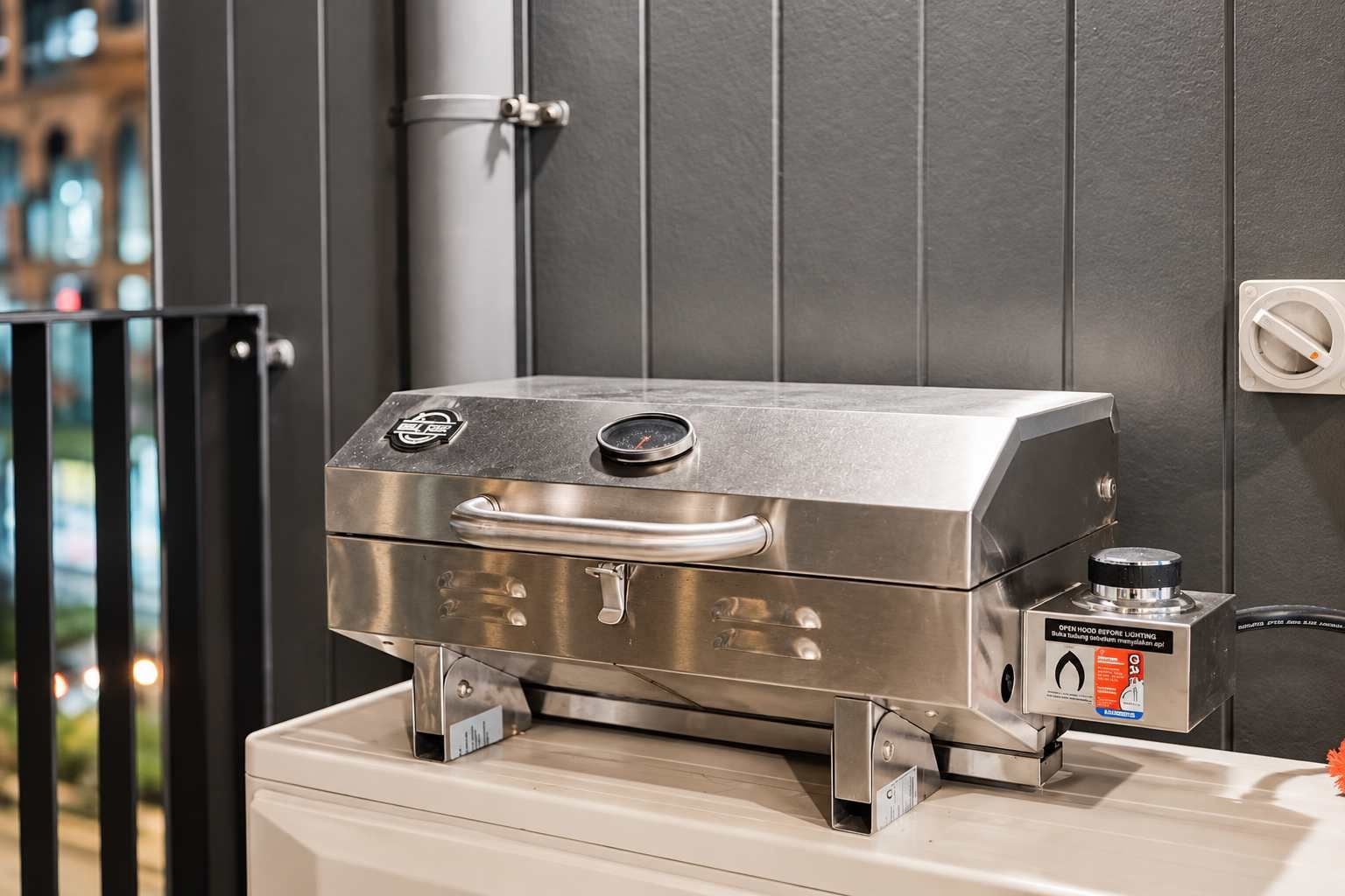 A stainless steel barbecue grill with a digital thermometer and a side burner, mounted on a white countertop.