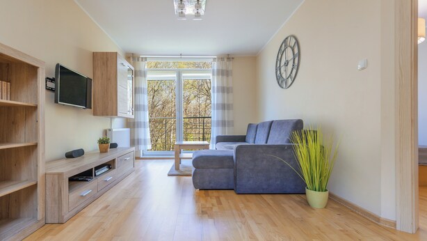 Una sala de estar moderna con un sofá gris, estanterías de madera, un televisor de pantalla plana y un ventanal con cortinas.