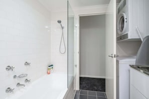 Shower, hair dryer, shampoo