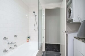 Shower, hair dryer, shampoo