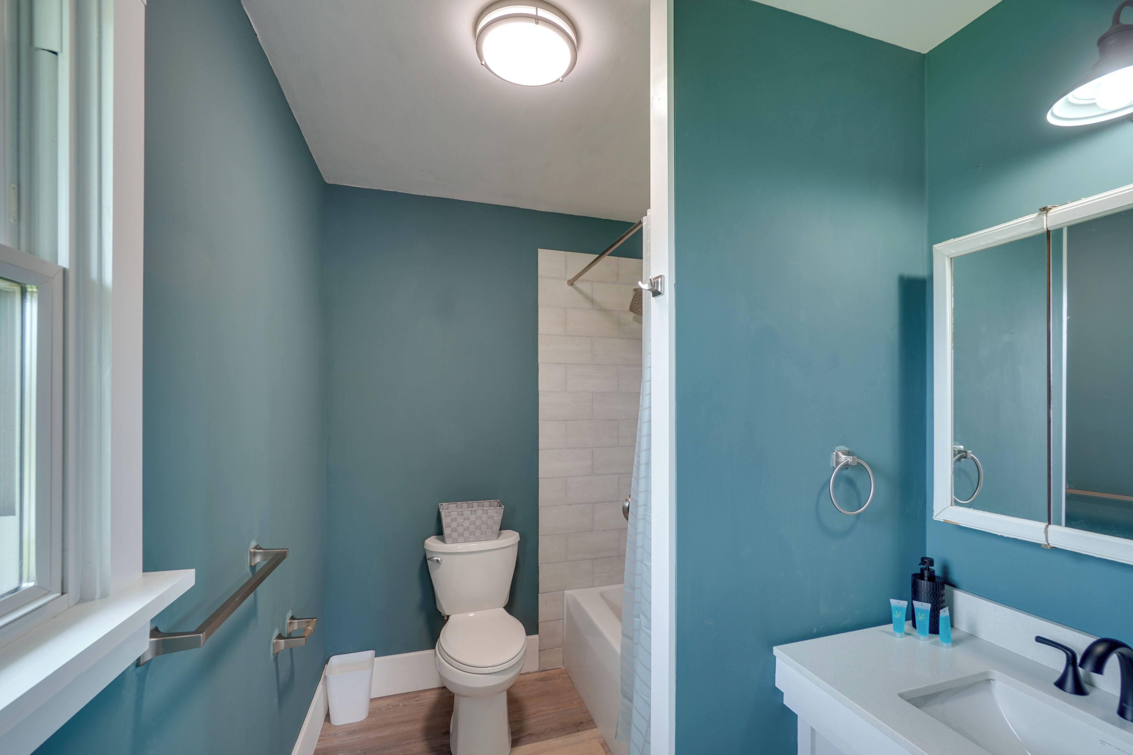 Un baño con paredes color turquesa, inodoro y lavamanos blancos, y zona de ducha.