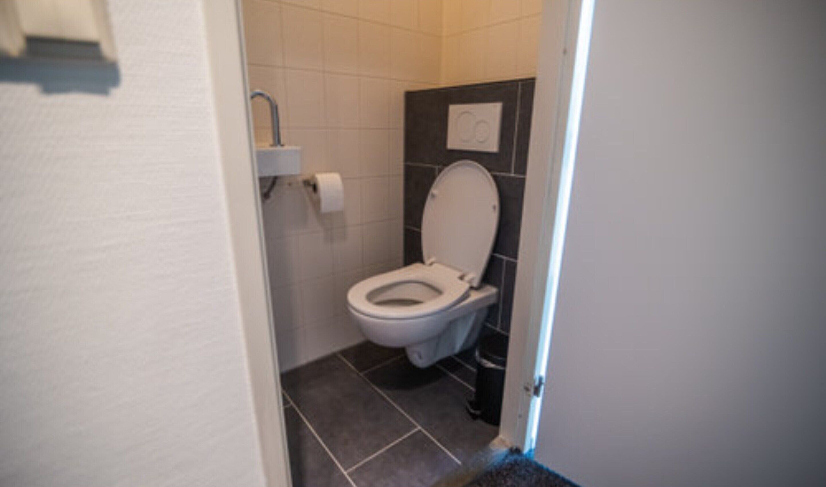 Un baño pequeño con inodoro, lavamanos y perchero para toallas.