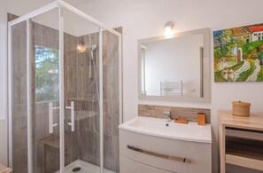 Shower, hair dryer, towels
