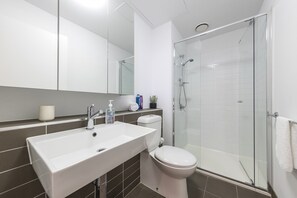 Douche, séchoir à cheveux, serviettes fournies, savon