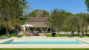 A modern house with a swimming pool, outdoor seating, and a barbecue area. - Seaside Luxury Immersed in Nature (Valbandon)