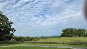 A grassy field with a wooden fence, trees, and a clear sky. - Charming 4-bedroom House on beautiful farm in Clear Brook with lovely views (Clear Brook)