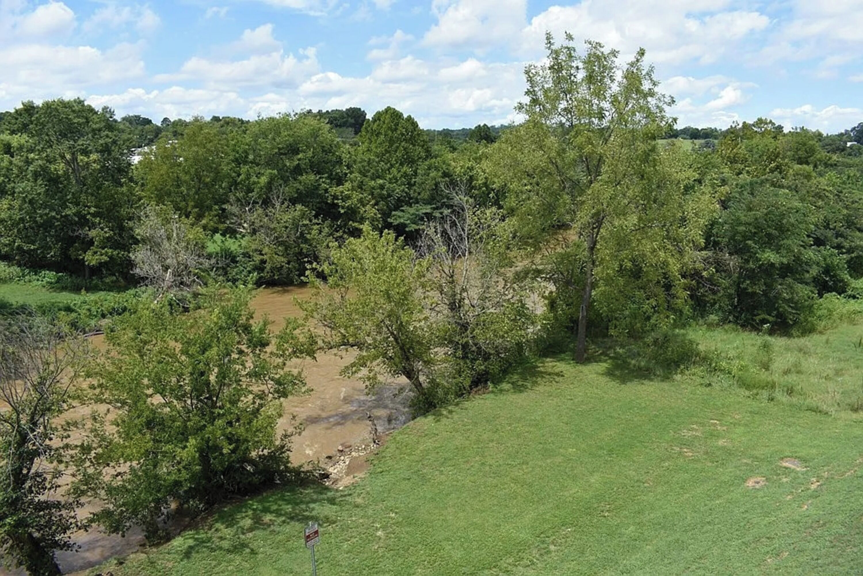 A grassy area with trees and a stream.