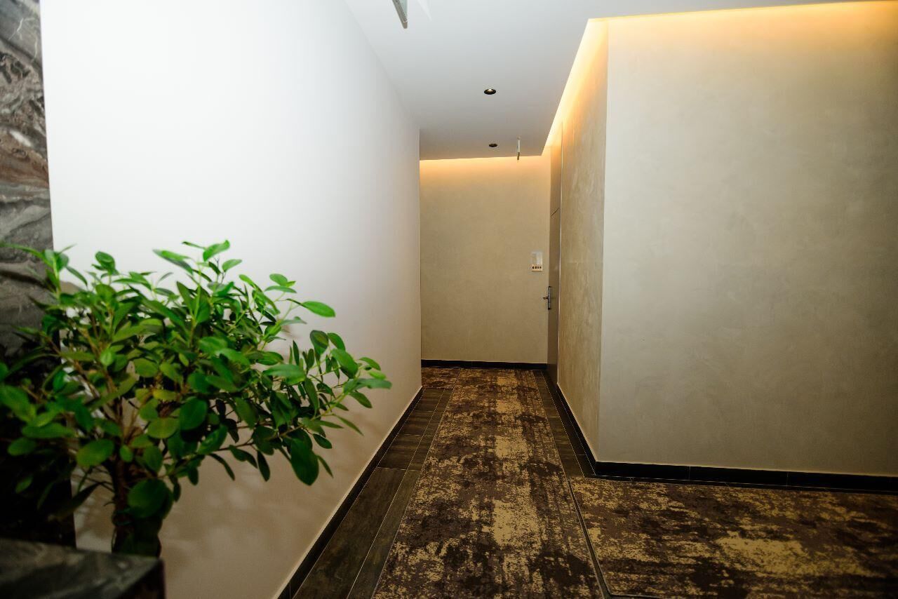 Een gang met een plant aan de linkerkant, een gestructureerde vloer en een muur met een lichtschakelaar.