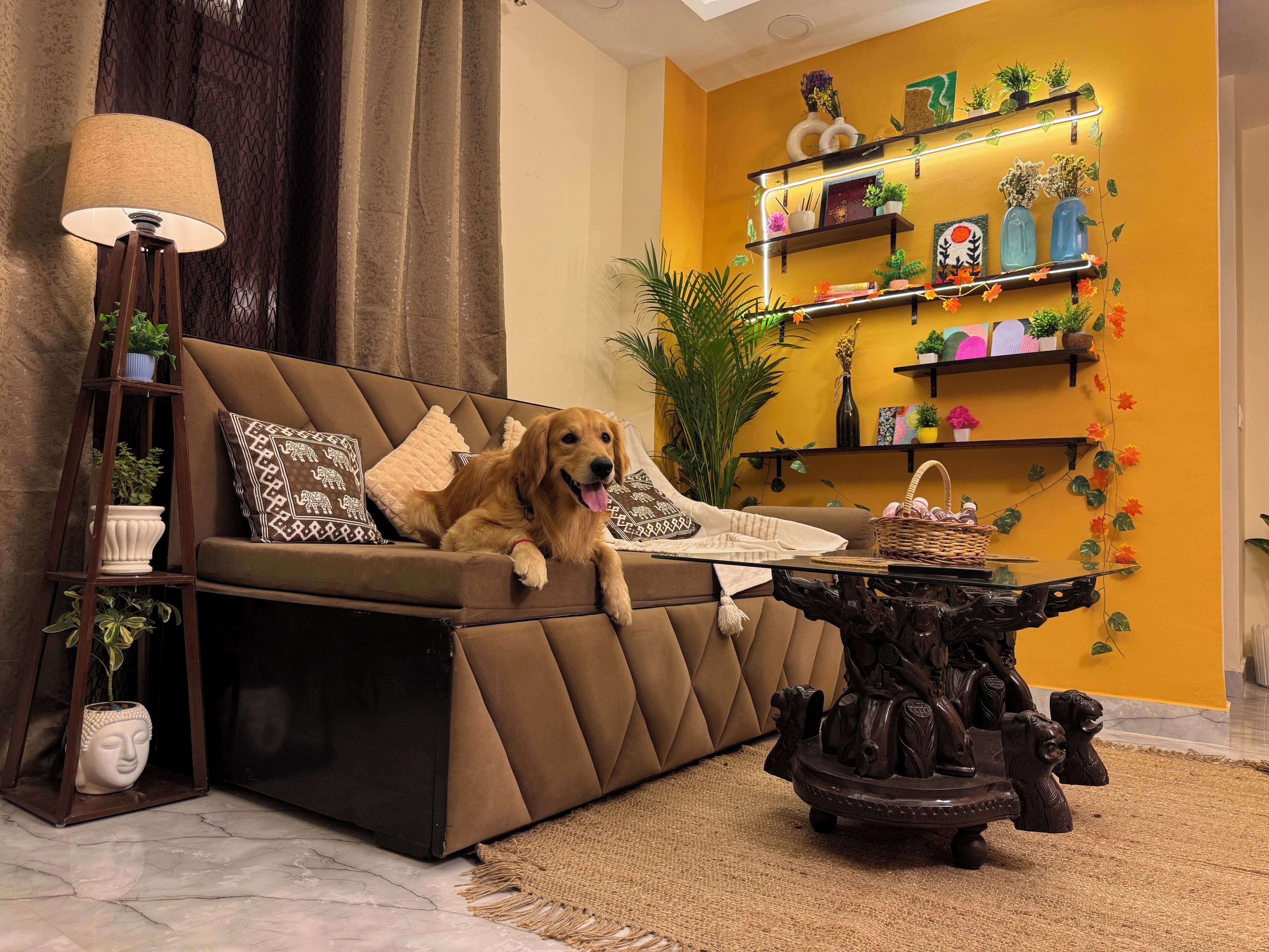 A cozy living room with a sofa, a decorative table, and a wall-mounted shelf with plants and decorations.