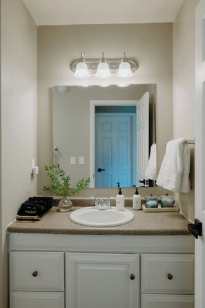 Chuveiro, secador de cabelo, toalhas de banho, sabonete