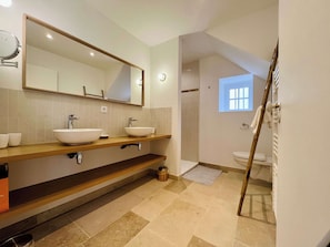 Shower, hair dryer, towels