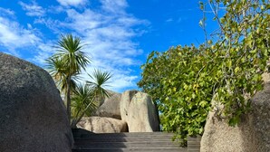 A wooden staircase leading up to a rock formation, surrounded by greenery and palm trees. - "La Pagode"close to beache (Trégastel)