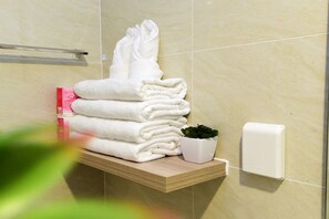 Hair dryer, towels, toilet paper