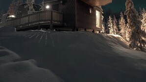 A wooden cabin with a balcony, surrounded by snow-covered trees, under a night sky with the Northern Lights. - SkyView Igloo Resort & Spa (Rovaniemi)