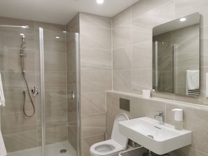 A modern bathroom with a glass-enclosed shower, a toilet, and a sink with a mirror above.