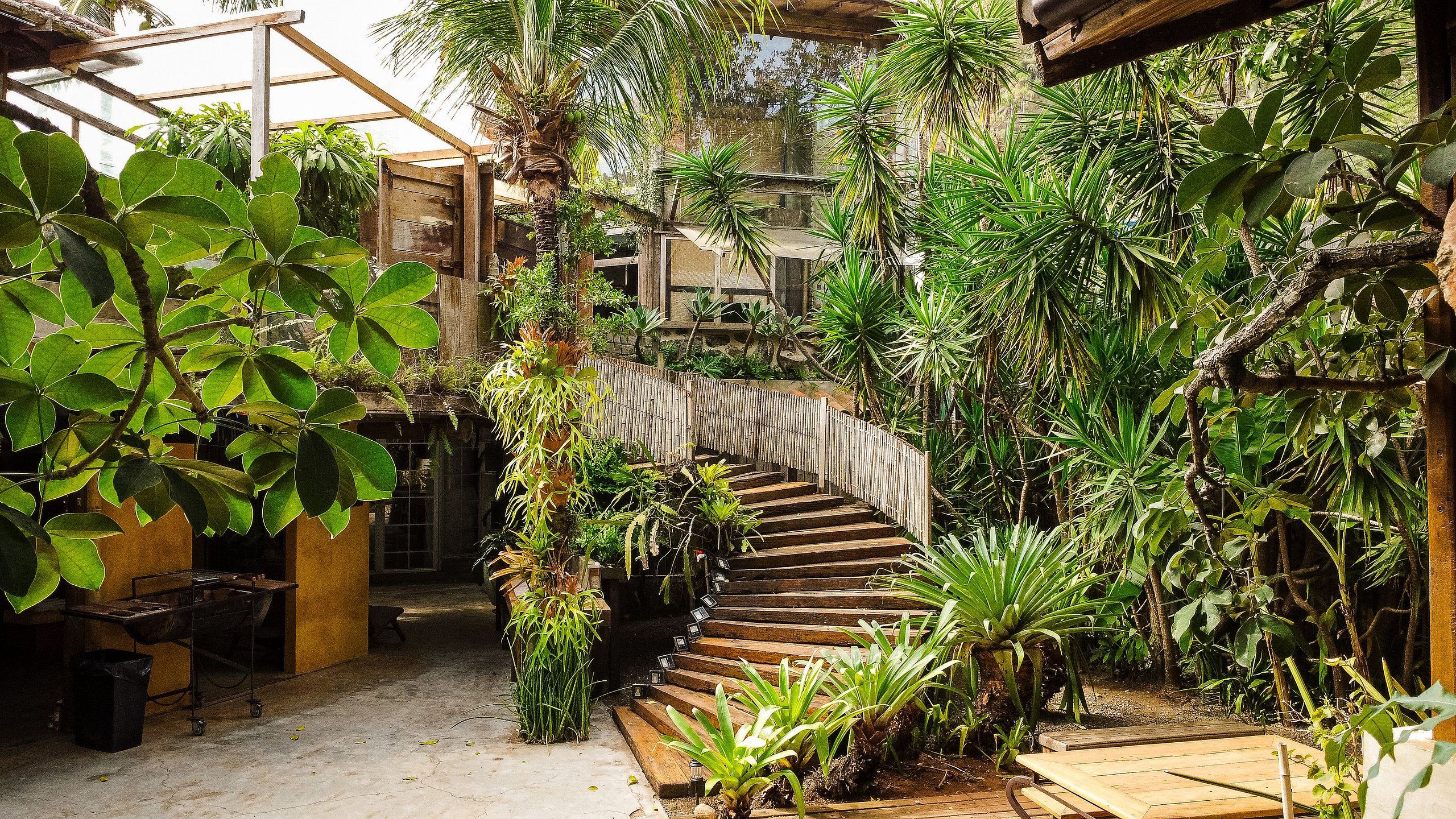 A spiral staircase surrounded by lush greenery and plants, leading to a wooden door.