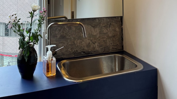 Une salle de bain moderne avec un mur à l’aspect pierre, un grand miroir, un évier en acier inoxydable et une plante en pot.