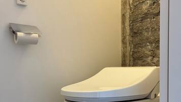 A modern toilet with a flush handle and a toilet paper holder on the wall.