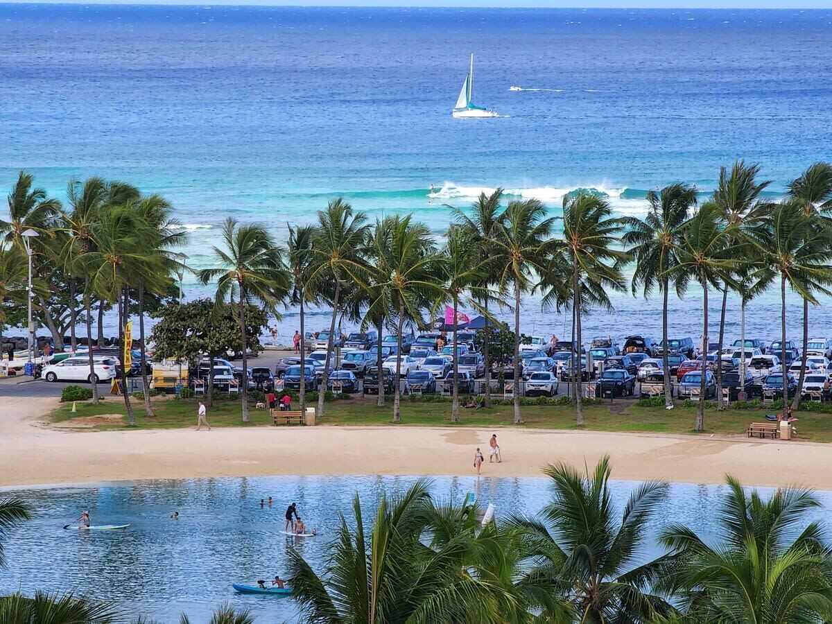 A beachside view with a parking lot, palm trees, and a swimming pool.