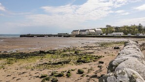 A coastal beach with a stone wall, a pier, and buildings in the background. - 2loos (Newton Stewart)