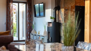 A living room with a sofa, a fireplace, a television, and a bookshelf. - Gorgeous home in Ehrenhausen (Ehrenhausen)