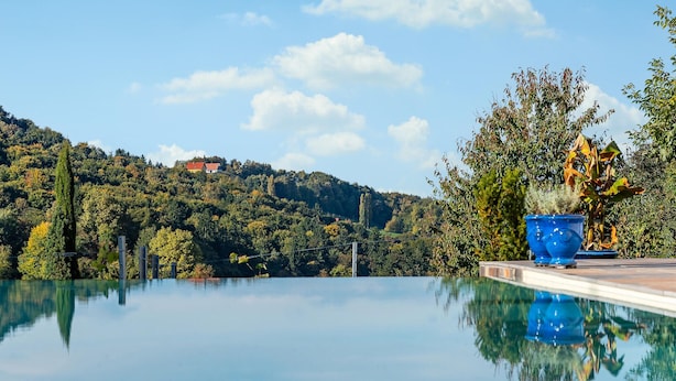 A clear pool reflecting the surrounding landscape, a blue pot with plants, and a house on a hill in the background. - Gorgeous home in Ehrenhausen (Ehrenhausen)