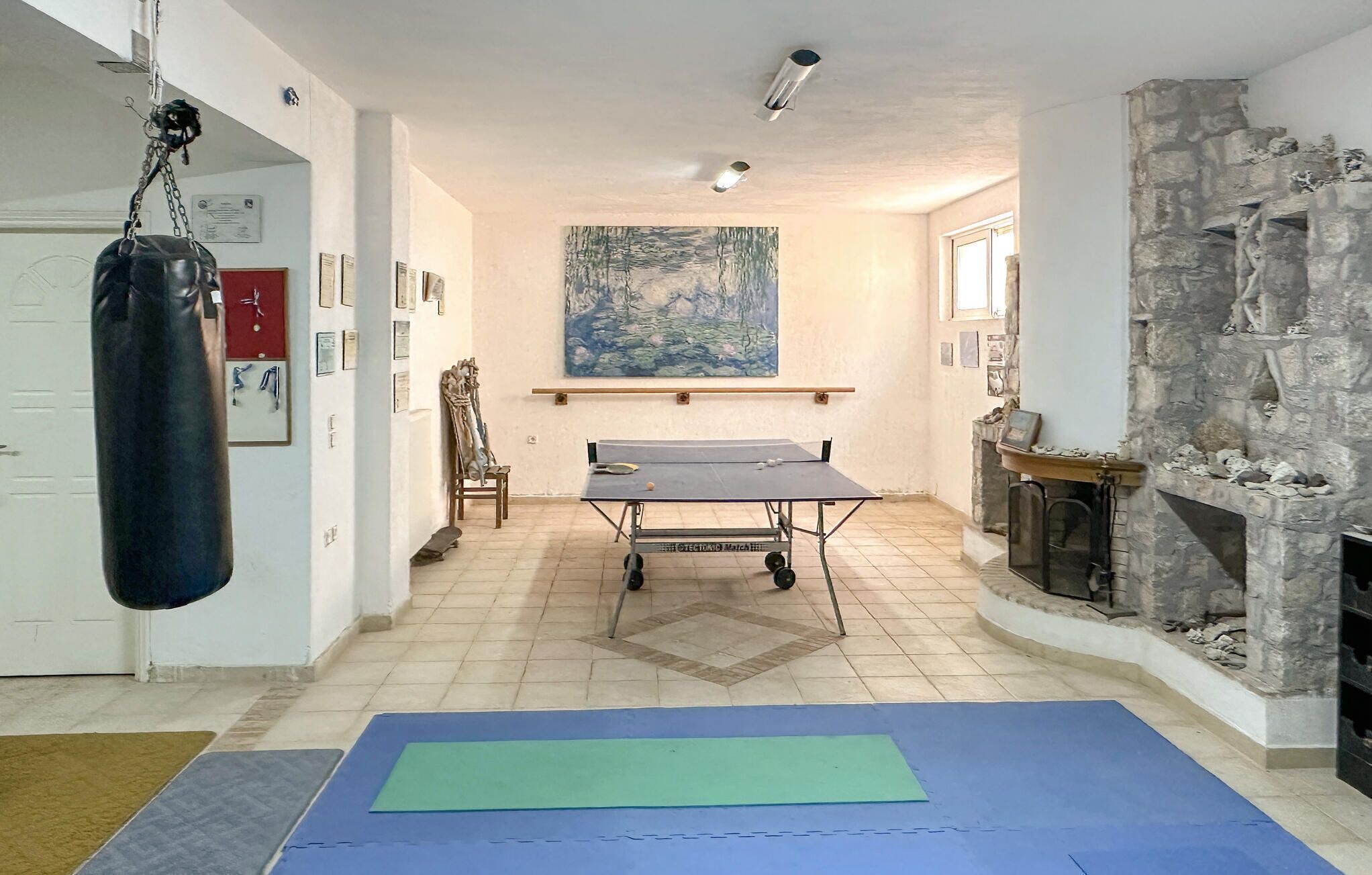 Una habitación con mesa de ping pong, colchonetas de ejercicio, saco de boxeo y chimenea de piedra.