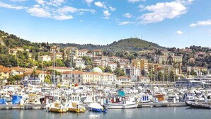 A marina with numerous boats docked, surrounded by a densely packed urban area with buildings and a hill in the background. - Lovely home in Imperia with WiFi (Imperia)