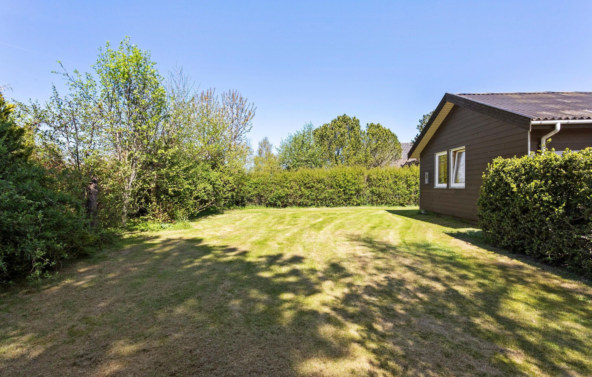 A house with a well-maintained lawn, surrounded by dense shrubbery and trees.