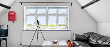 A room with a large window, a tripod, a table with a cake, a black leather sofa, and a red mailbox.