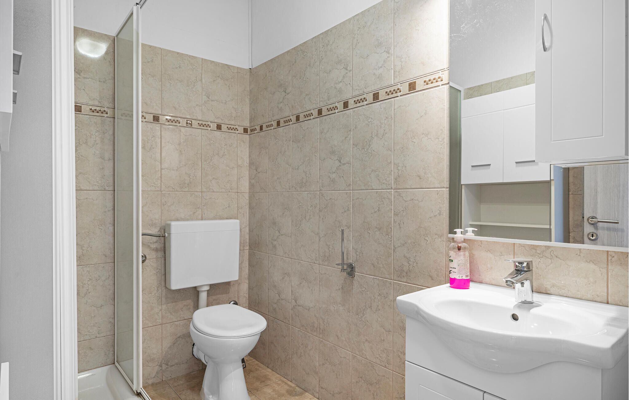 Une salle de bain avec des toilettes, un lavabo et une douche.