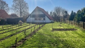A house with a sloped roof, a well-maintained lawn, and a garden with young plants.