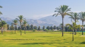Un campo de golf con palmeras y montañas al fondo.