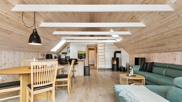 Un espace de vie chaleureux de style loft, avec un plancher en bois, un coin repas comprenant une table et des chaises en bois, un canapé vert et une cheminée.