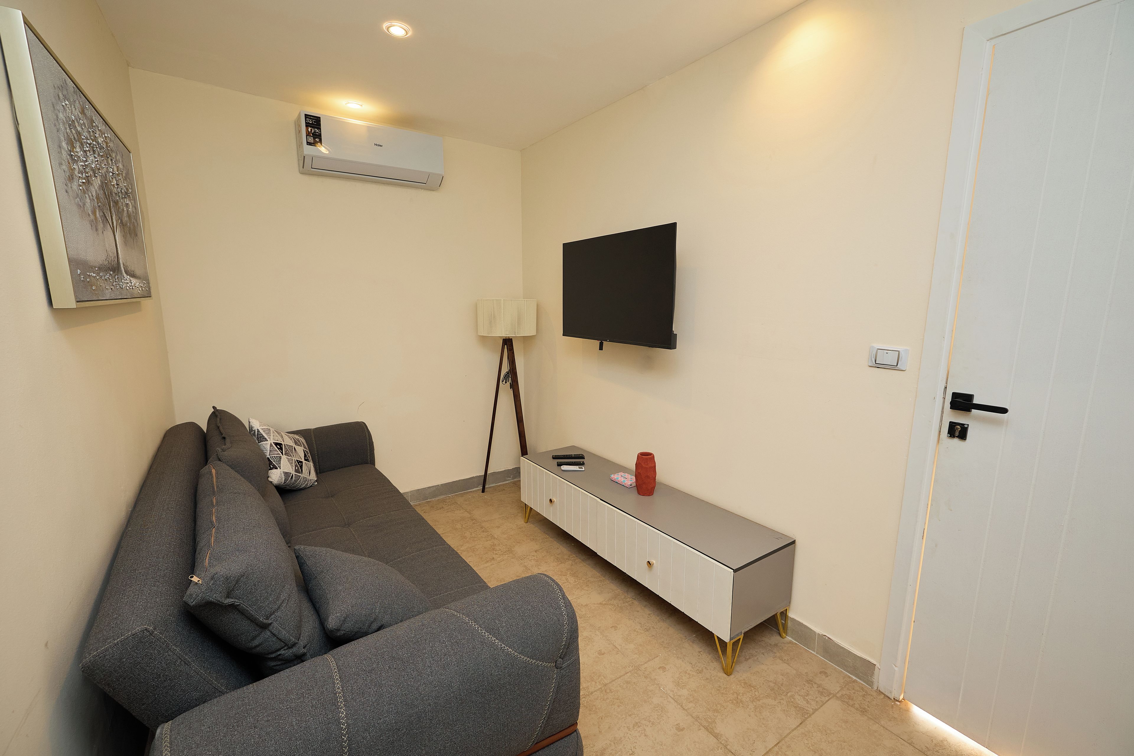 Una habitación moderna con sofá, televisor de pantalla plana, armario y aire acondicionado.