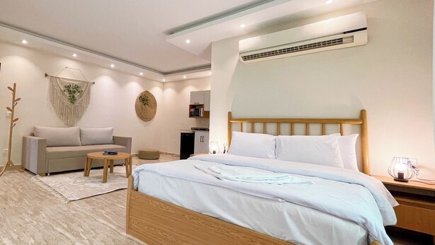 Une chambre moderne avec un lit en bois, un canapé, une petite table et un climatiseur fixé au mur.