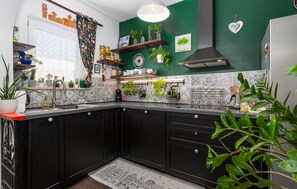 Fridge, oven, dishwasher, coffee/tea maker